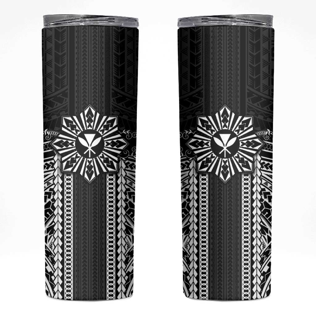 Hawaii And Philippines Together Skinny Tumbler Polynesian Pattern With Filipino Barong Black