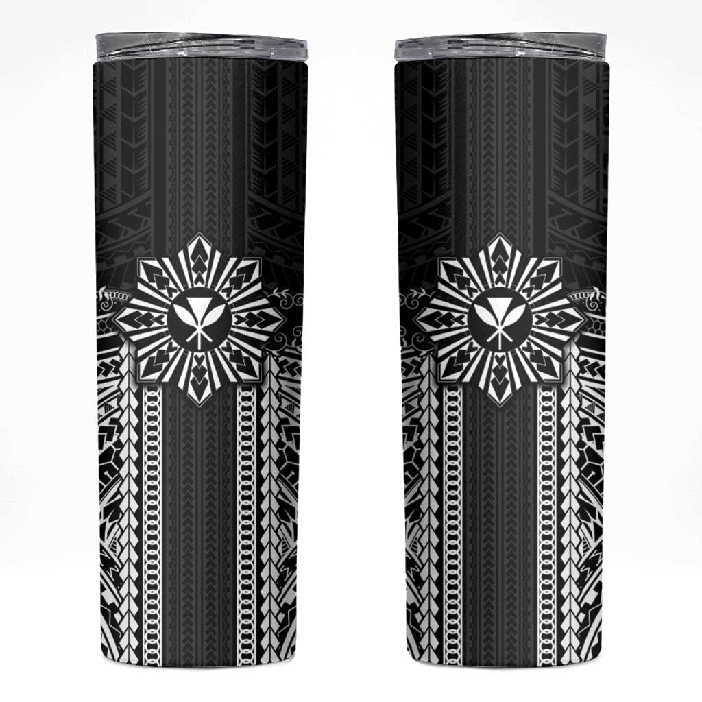 Hawaii And Philippines Together Skinny Tumbler Polynesian Pattern With Filipino Barong Black