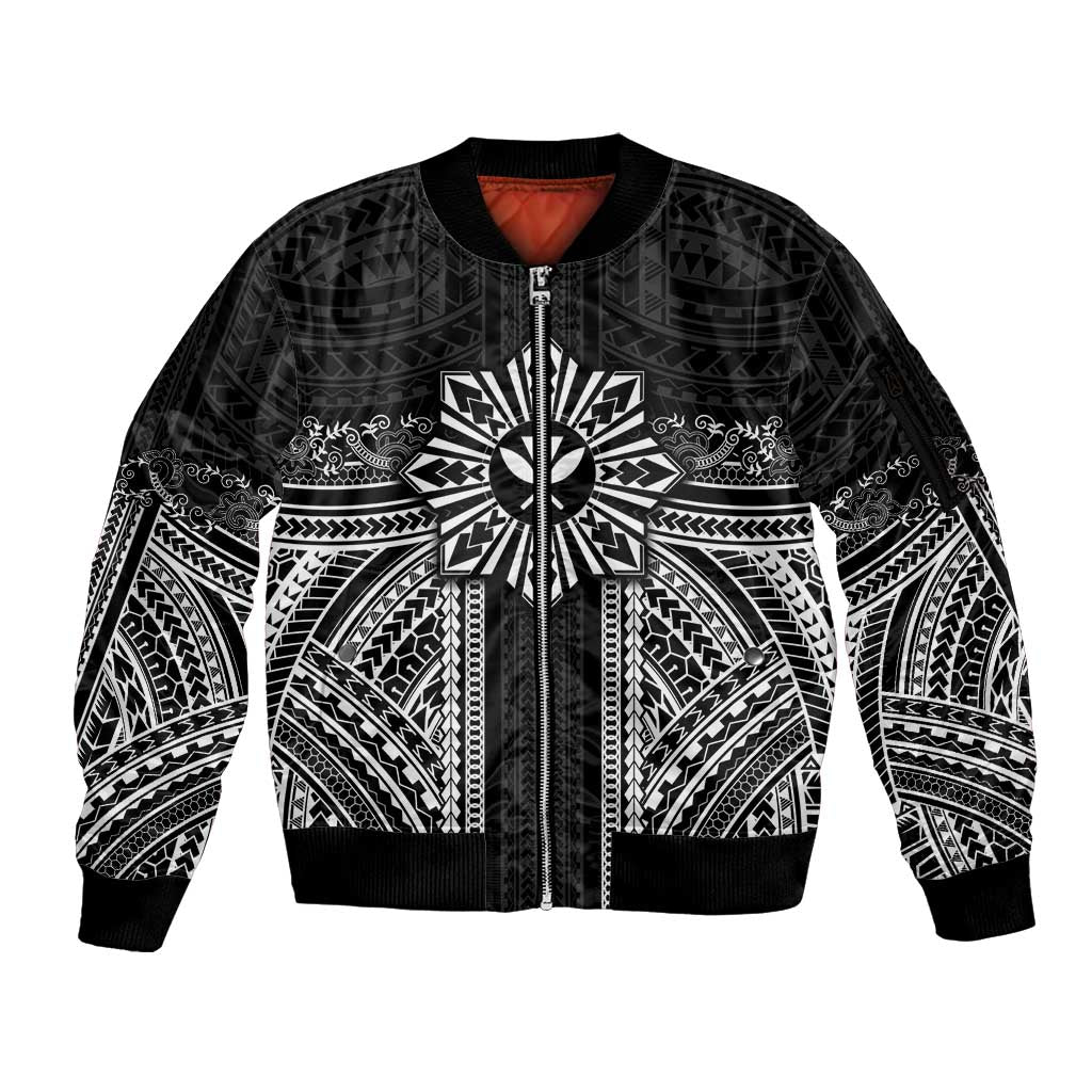 Hawaii And Philippines Together Sleeve Zip Bomber Jacket Polynesian Pattern With Filipino Barong Black