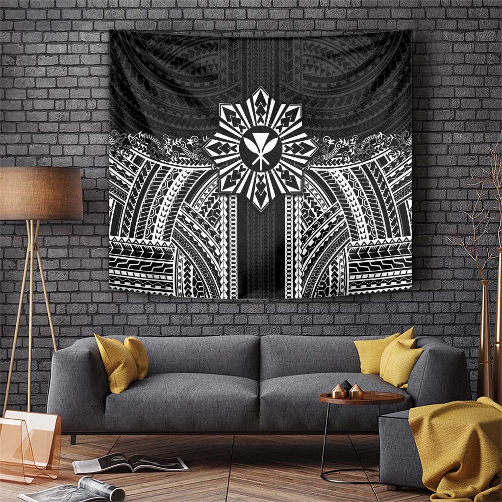 Hawaii And Philippines Together Tapestry Polynesian Pattern With Filipino Barong Black