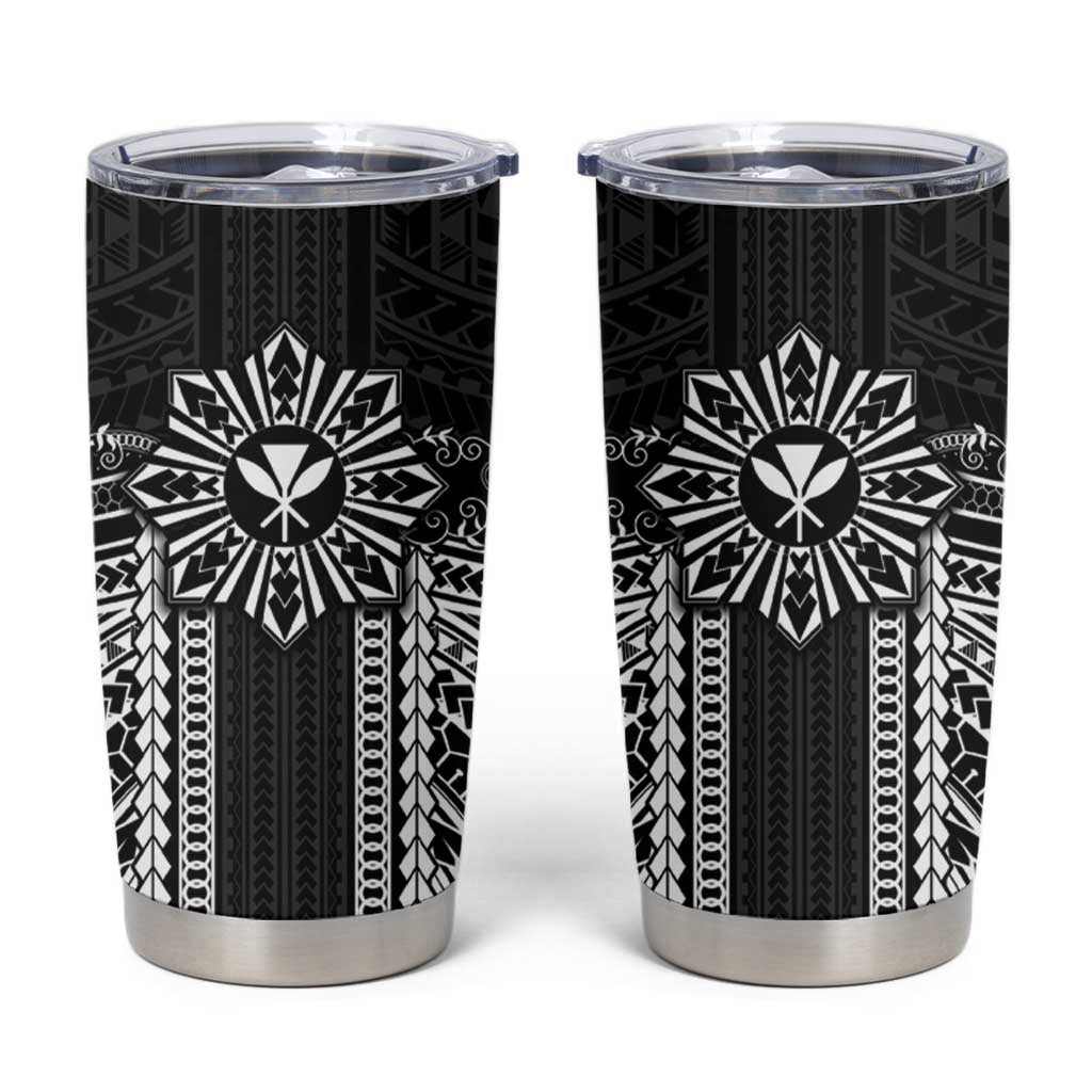 Hawaii And Philippines Together Tumbler Cup Polynesian Pattern With Filipino Barong Black