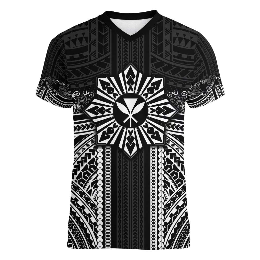 Hawaii And Philippines Together Women V-Neck T-Shirt Polynesian Pattern With Filipino Barong Black