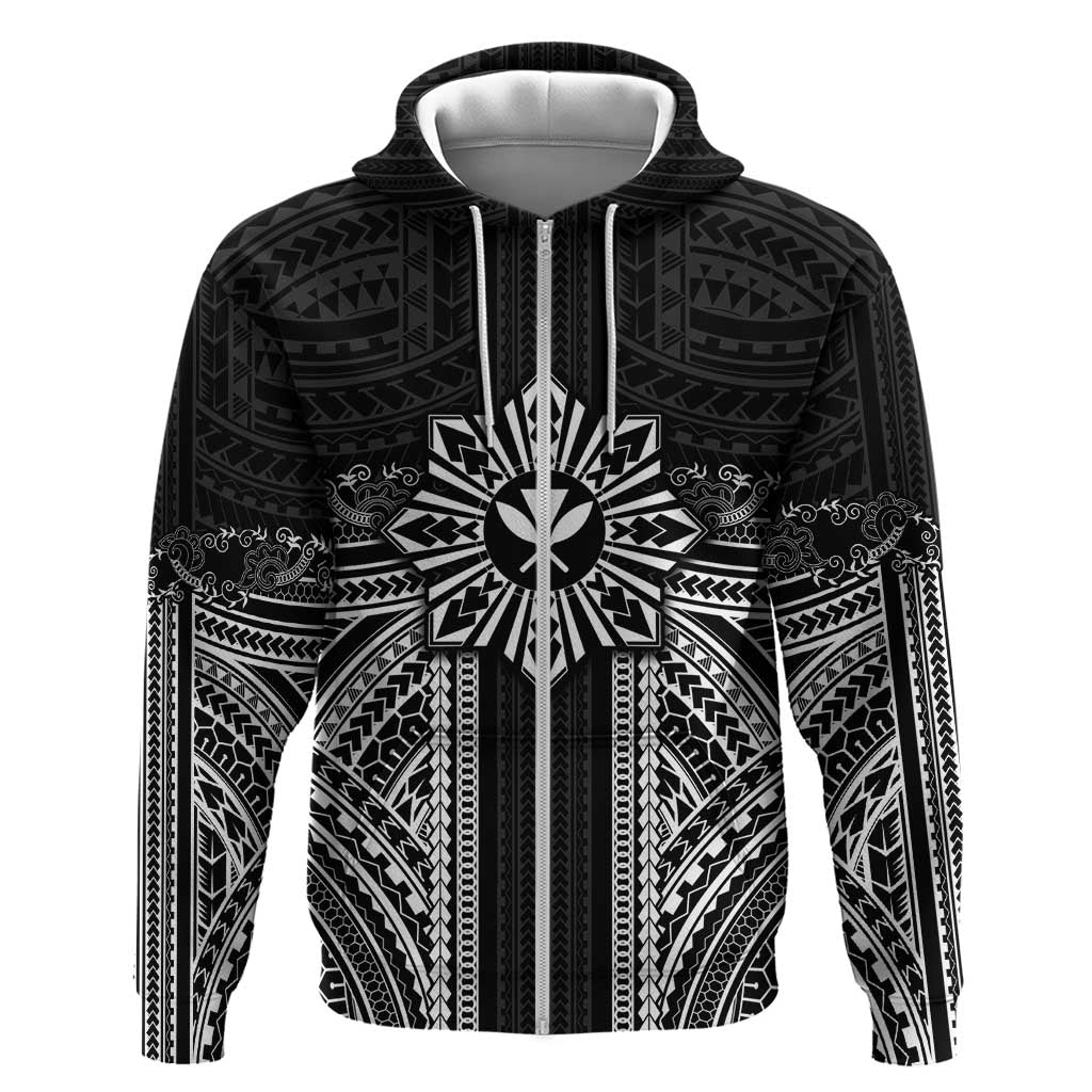 Hawaii And Philippines Together Zip Hoodie Polynesian Pattern With Filipino Barong Black