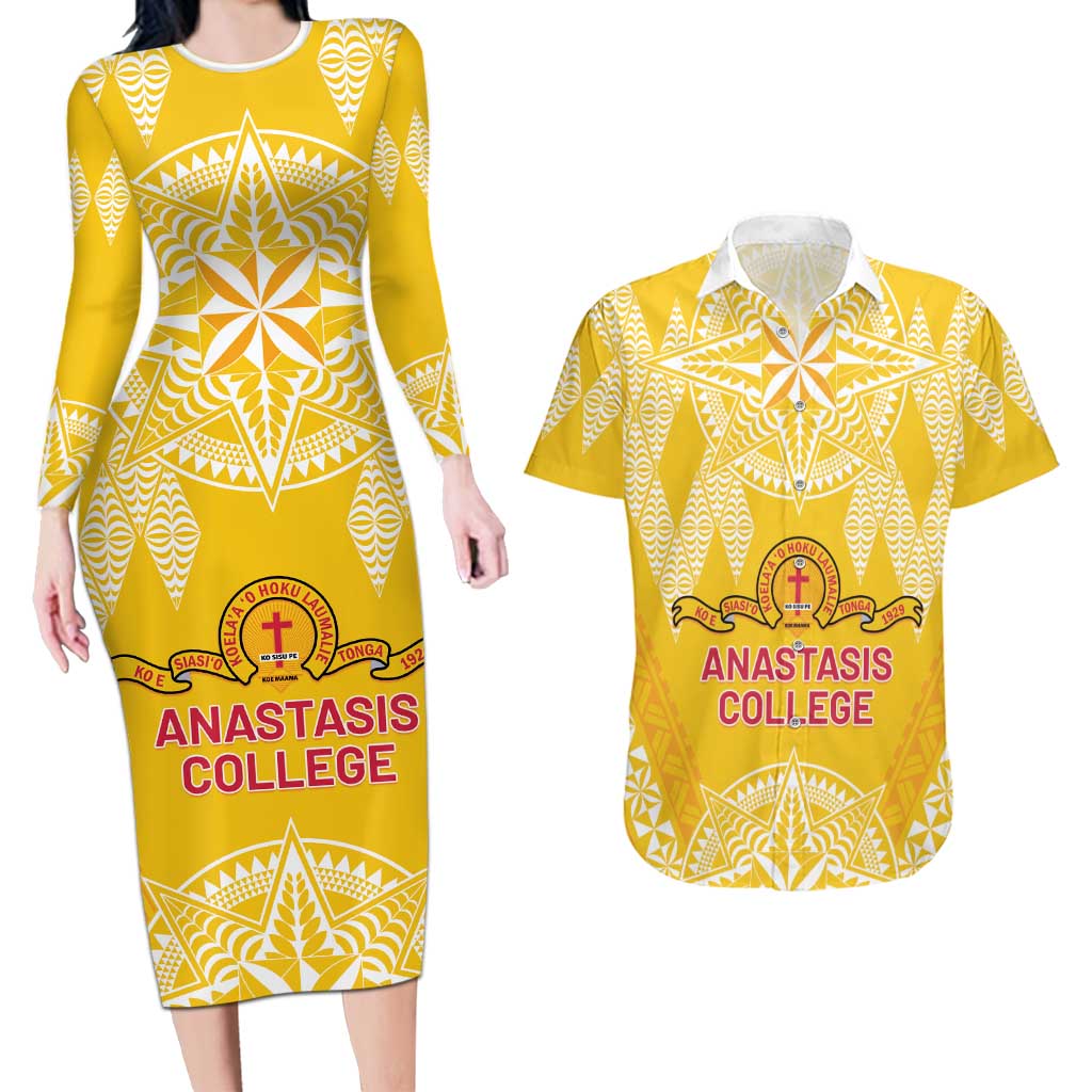 Personalised Anastasis College Couples Matching Long Sleeve Bodycon Dress and Hawaiian Shirt Tonga Ngatu Pattern - Polynesian Pride