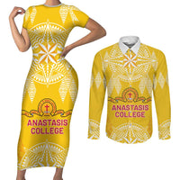 Personalised Anastasis College Couples Matching Short Sleeve Bodycon Dress and Long Sleeve Button Shirt Tonga Ngatu Pattern - Polynesian Pride