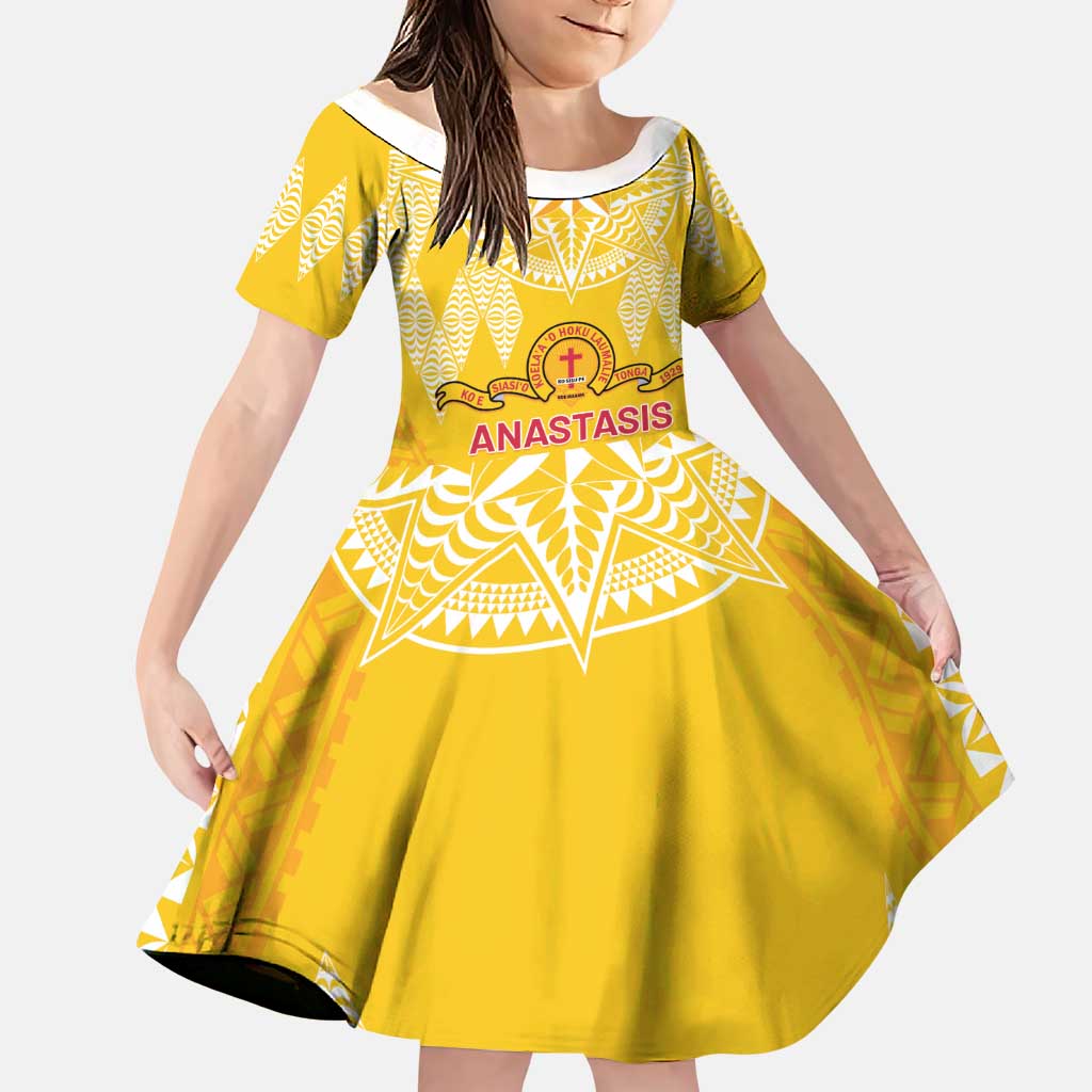 Personalised Anastasis College Family Matching Off Shoulder Maxi Dress and Hawaiian Shirt Tonga Ngatu Pattern LT05 Daughter's Dress Yellow - Polynesian Pride