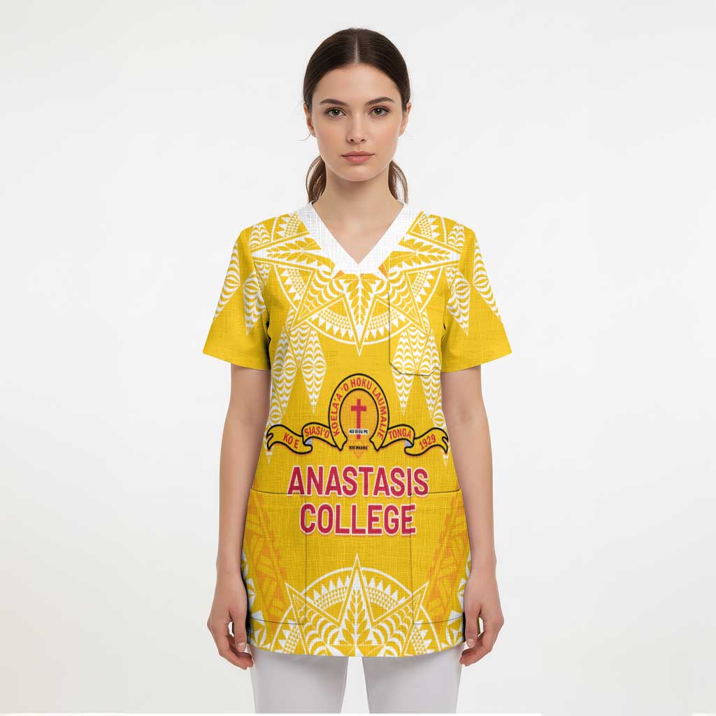 Personalised Anastasis College Scrub Top Tonga Ngatu Pattern - Polynesian Pride