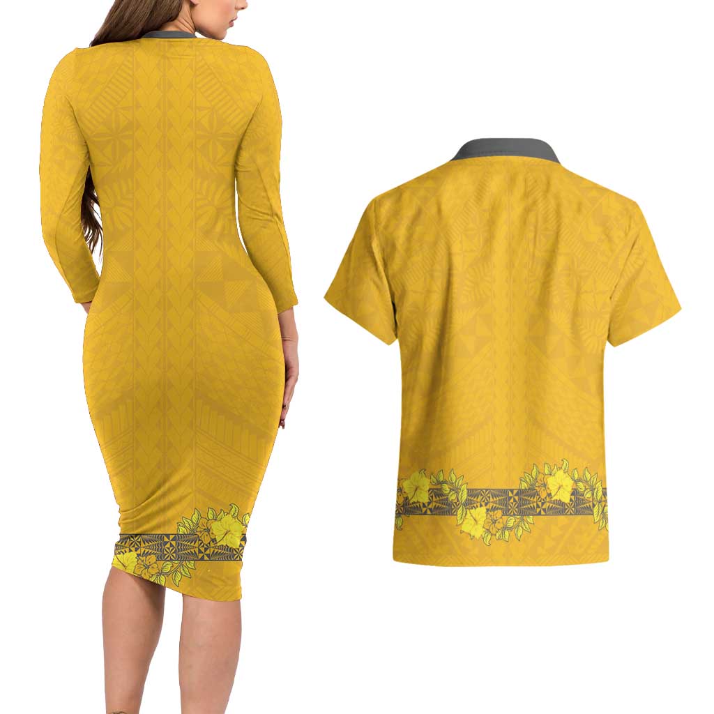 Tonga Anastasis College Couples Matching Long Sleeve Bodycon Dress and Hawaiian Shirt Tongan Ngatu Kupesi Pattern - Polynesian Pride