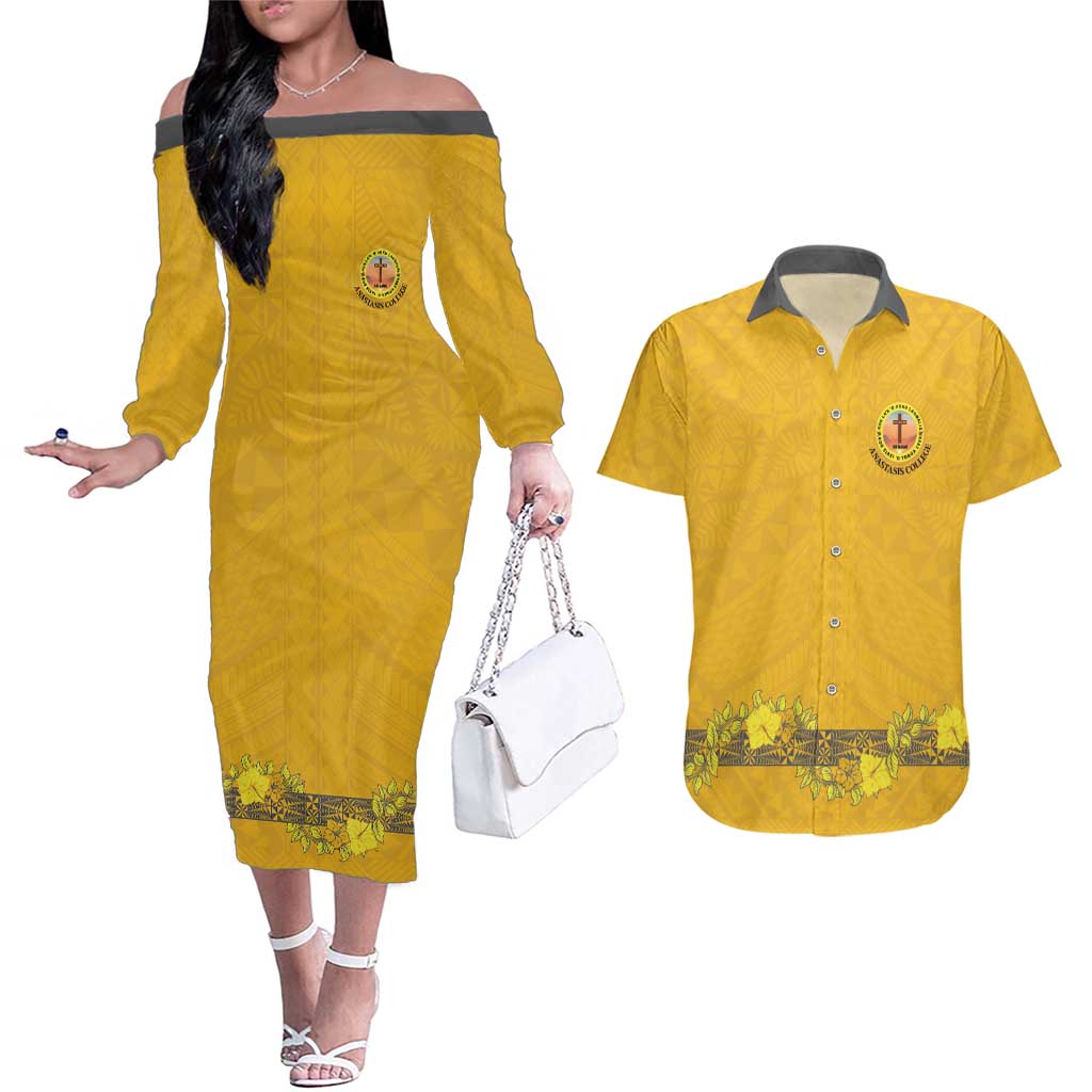 Tonga Anastasis College Couples Matching Off The Shoulder Long Sleeve Dress and Hawaiian Shirt Tongan Ngatu Kupesi Pattern - Polynesian Pride