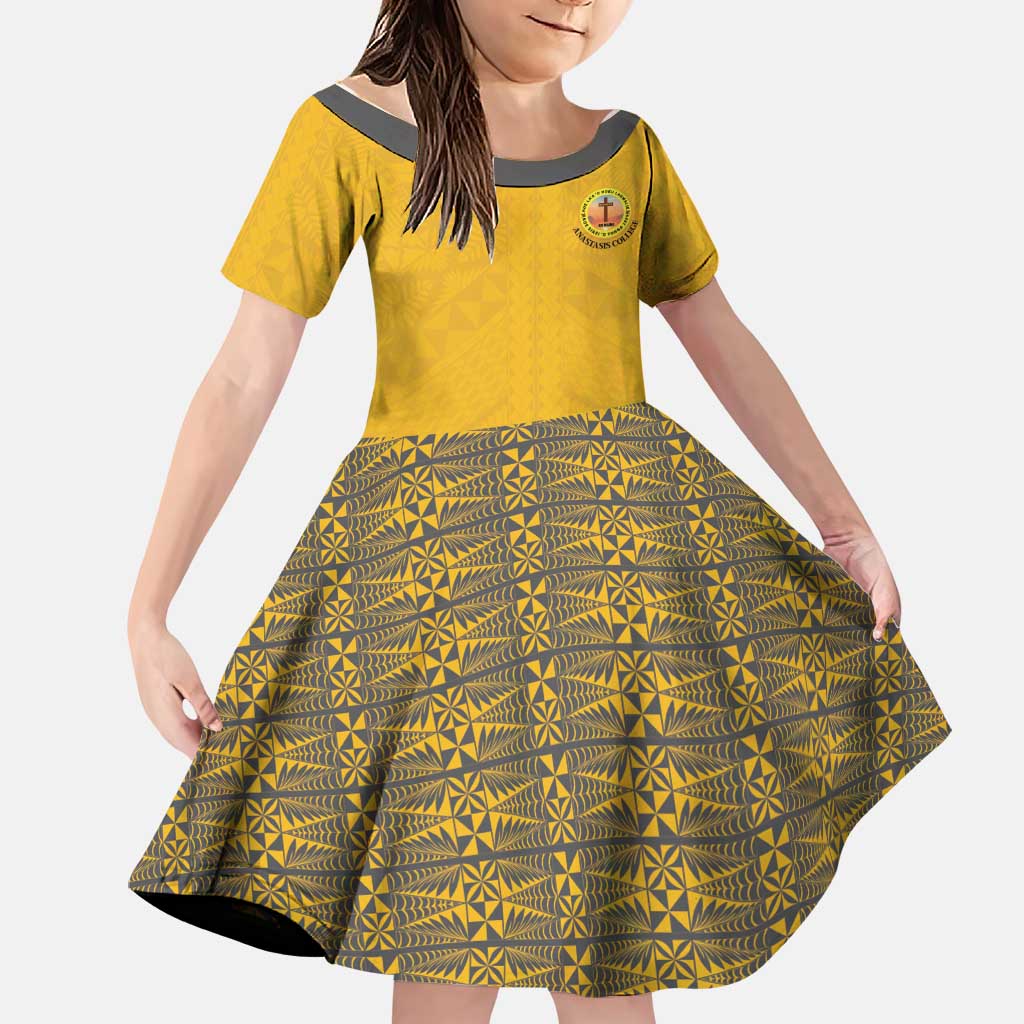 Tonga Anastasis College Family Matching Off Shoulder Maxi Dress and Hawaiian Shirt Tongan Ngatu Kupesi Pattern LT05 Daughter's Dress Yellow - Polynesian Pride