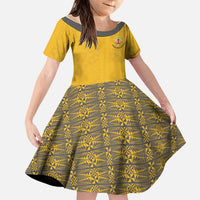 Tonga Anastasis College Family Matching Off Shoulder Maxi Dress and Hawaiian Shirt Tongan Ngatu Kupesi Pattern LT05 Daughter's Dress Yellow - Polynesian Pride