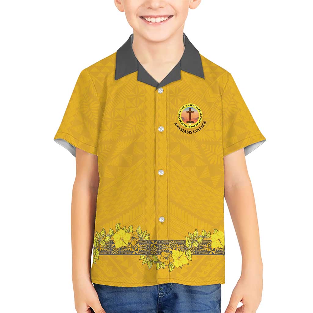 Tonga Anastasis College Family Matching Summer Maxi Dress and Hawaiian Shirt Tongan Ngatu Kupesi Pattern LT05 Son's Shirt Yellow - Polynesian Pride