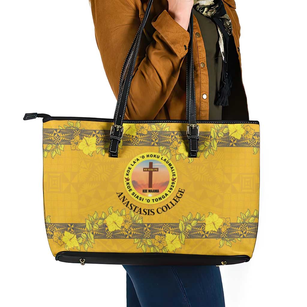 Tonga Anastasis College Leather Tote Bag Tongan Ngatu Kupesi Pattern - Polynesian Pride