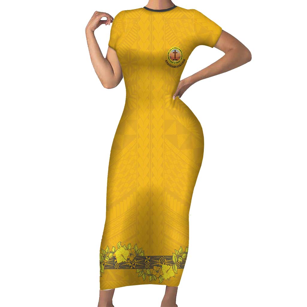 Tonga Anastasis College Short Sleeve Bodycon Dress Tongan Ngatu Kupesi Pattern - Polynesian Pride