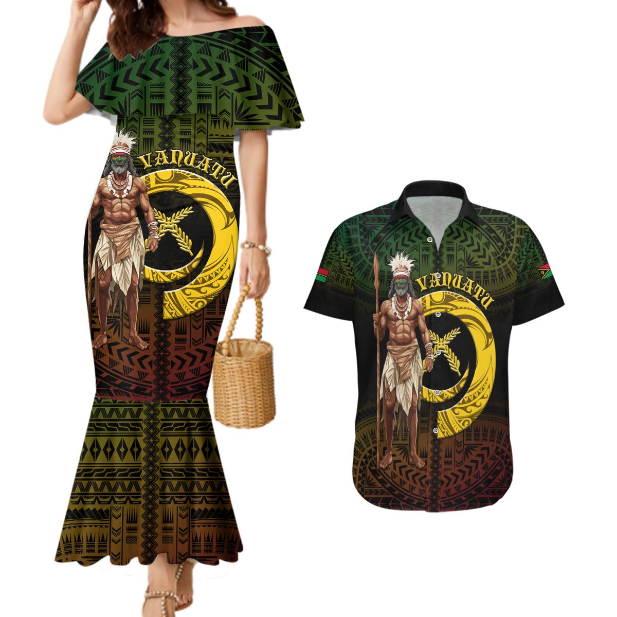 Personalised Vanuatu Custom Chiefs Day Couples Matching Mermaid Dress and Hawaiian Shirt Pig Tusk Simple Style LT05 Black - Polynesian Pride