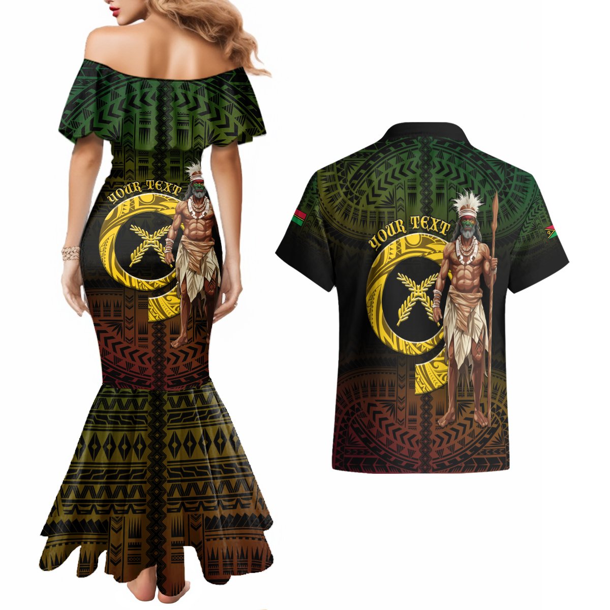 Personalised Vanuatu Custom Chiefs Day Couples Matching Mermaid Dress and Hawaiian Shirt Pig Tusk Simple Style LT05 - Polynesian Pride