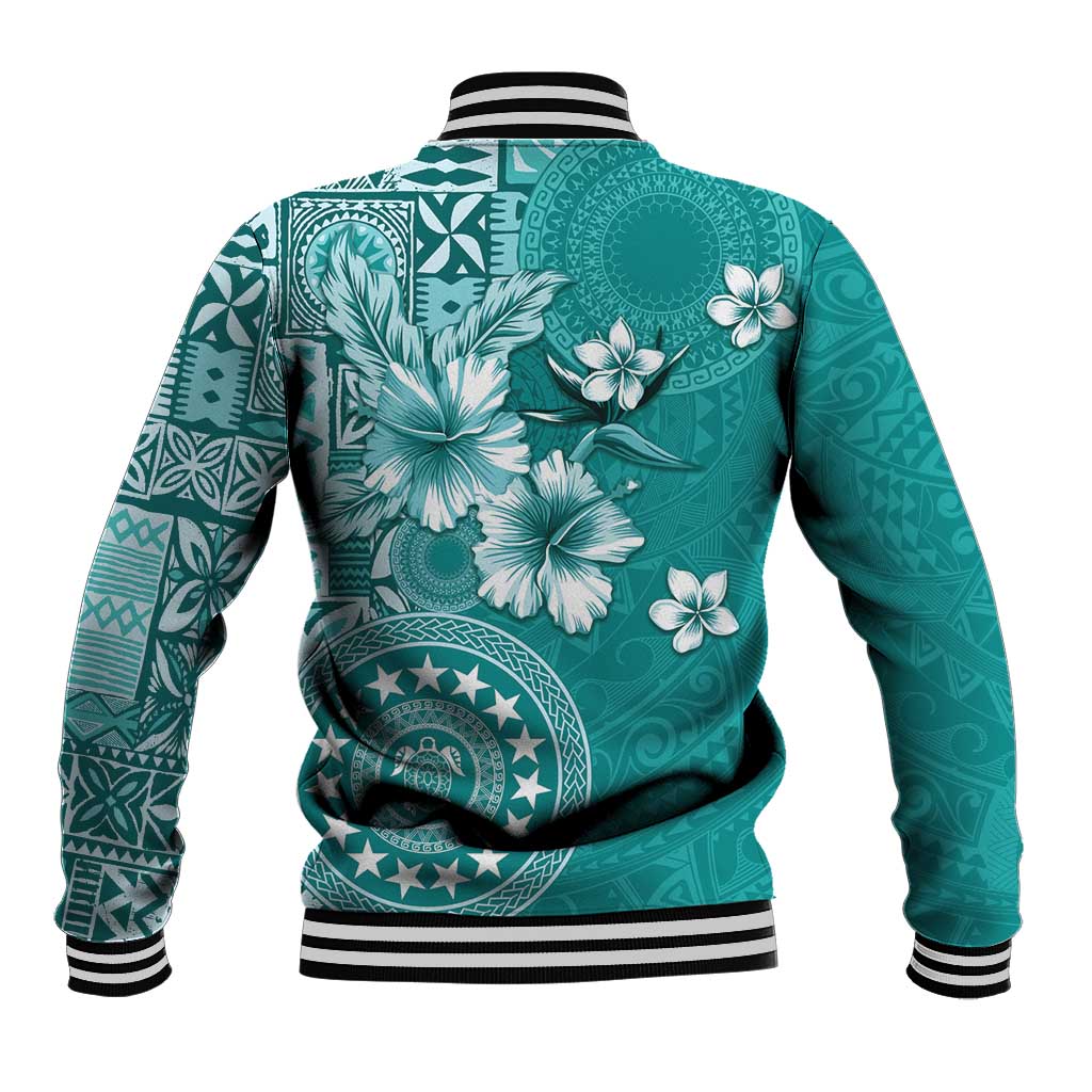 Cook Islands Baseball Jacket Teal Hibiscus And Stars