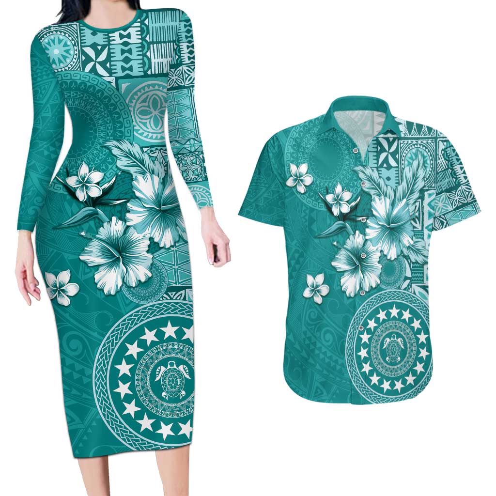 Cook Islands Couples Matching Long Sleeve Bodycon Dress and Hawaiian Shirt Teal Hibiscus And Stars LT05 Teal - Polynesian Pride