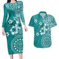 Cook Islands Couples Matching Long Sleeve Bodycon Dress and Hawaiian Shirt Teal Hibiscus And Stars LT05 Teal - Polynesian Pride