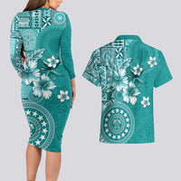 Cook Islands Couples Matching Long Sleeve Bodycon Dress and Hawaiian Shirt Teal Hibiscus And Stars LT05 - Polynesian Pride