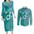 Cook Islands Couples Matching Long Sleeve Bodycon Dress and Long Sleeve Button Shirt Teal Hibiscus And Stars