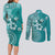 Cook Islands Couples Matching Long Sleeve Bodycon Dress and Long Sleeve Button Shirt Teal Hibiscus And Stars