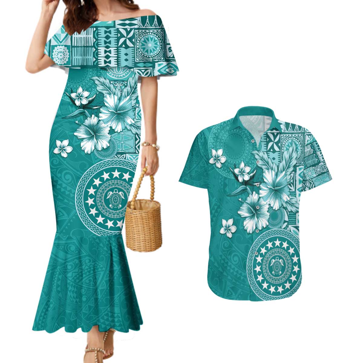 Cook Islands Couples Matching Mermaid Dress and Hawaiian Shirt Teal Hibiscus And Stars