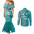 Cook Islands Couples Matching Mermaid Dress and Long Sleeve Button Shirt Teal Hibiscus And Stars