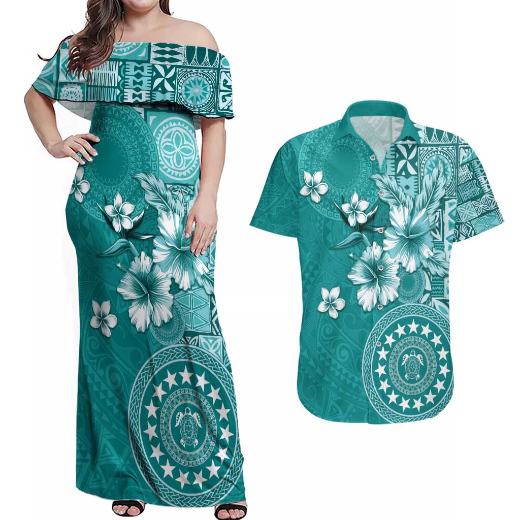 Cook Islands Couples Matching Off Shoulder Maxi Dress and Hawaiian Shirt Teal Hibiscus And Stars
