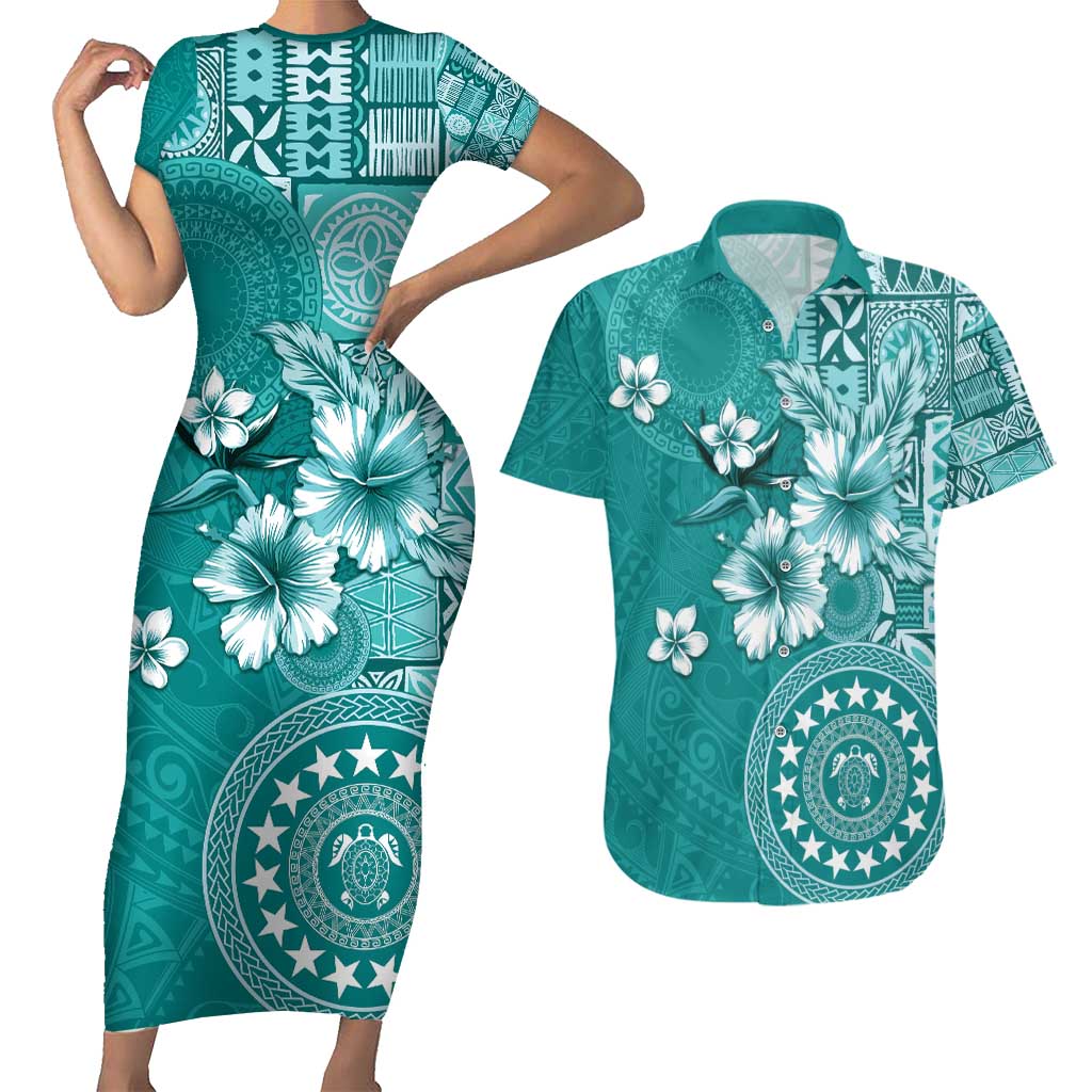 Cook Islands Couples Matching Short Sleeve Bodycon Dress and Hawaiian Shirt Teal Hibiscus And Stars