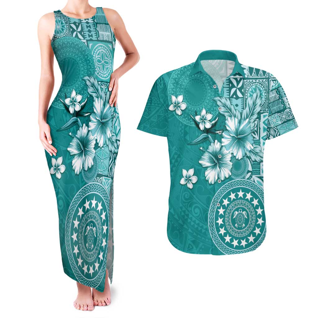 Cook Islands Couples Matching Tank Maxi Dress and Hawaiian Shirt Teal Hibiscus And Stars