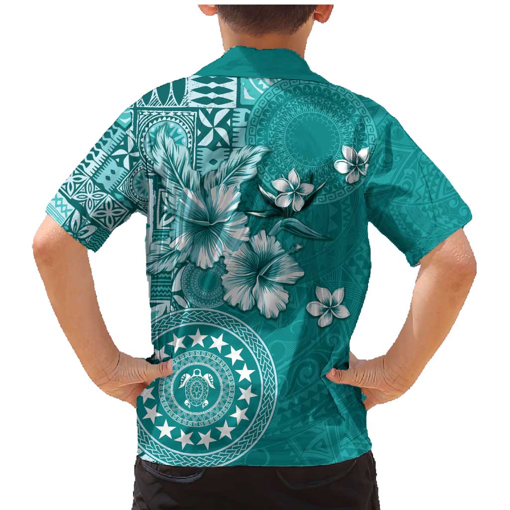 Cook Islands Family Matching Mermaid Dress and Hawaiian Shirt Teal Hibiscus And Stars