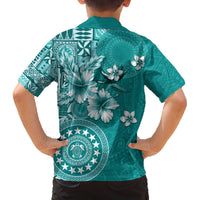 Cook Islands Family Matching Off The Shoulder Long Sleeve Dress and Hawaiian Shirt Teal Hibiscus And Stars LT05 - Polynesian Pride
