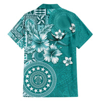 Cook Islands Family Matching Off The Shoulder Long Sleeve Dress and Hawaiian Shirt Teal Hibiscus And Stars LT05 - Polynesian Pride