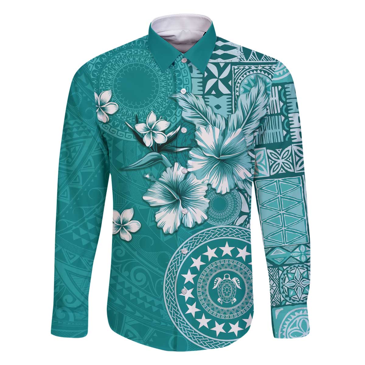 Cook Islands Family Matching Off The Shoulder Long Sleeve Dress and Hawaiian Shirt Teal Hibiscus And Stars LT05 Dad's Shirt - Long Sleeve Teal - Polynesian Pride
