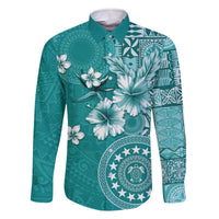 Cook Islands Family Matching Off The Shoulder Long Sleeve Dress and Hawaiian Shirt Teal Hibiscus And Stars LT05 Dad's Shirt - Long Sleeve Teal - Polynesian Pride
