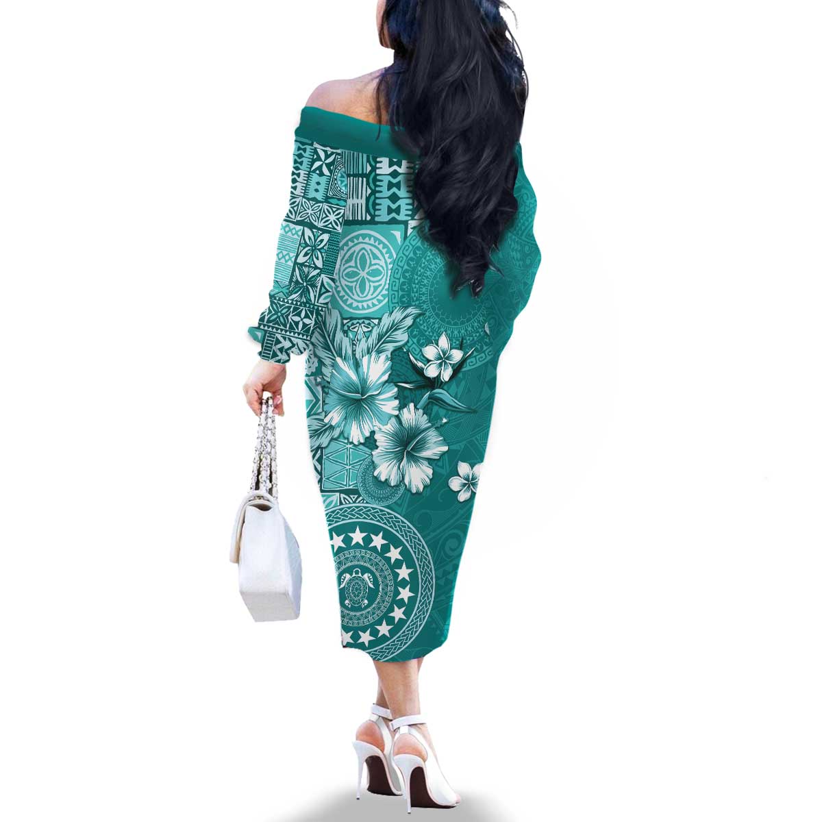 Cook Islands Family Matching Off The Shoulder Long Sleeve Dress and Hawaiian Shirt Teal Hibiscus And Stars LT05 - Polynesian Pride