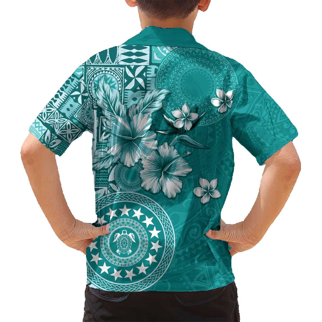 Cook Islands Family Matching Off Shoulder Maxi Dress and Hawaiian Shirt Teal Hibiscus And Stars LT05 - Polynesian Pride