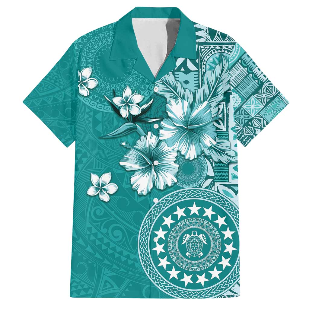 Cook Islands Family Matching Off Shoulder Maxi Dress and Hawaiian Shirt Teal Hibiscus And Stars LT05 Dad's Shirt - Short Sleeve Teal - Polynesian Pride
