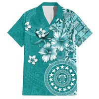 Cook Islands Family Matching Off Shoulder Maxi Dress and Hawaiian Shirt Teal Hibiscus And Stars LT05 Dad's Shirt - Short Sleeve Teal - Polynesian Pride
