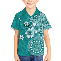 Cook Islands Family Matching Off Shoulder Maxi Dress and Hawaiian Shirt Teal Hibiscus And Stars LT05 Son's Shirt Teal - Polynesian Pride