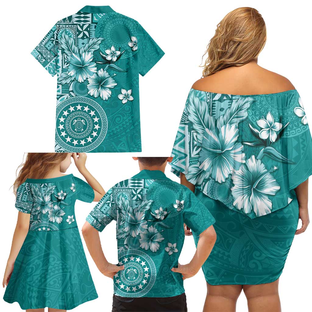 Cook Islands Family Matching Off Shoulder Short Dress and Hawaiian Shirt Teal Hibiscus And Stars LT05 - Polynesian Pride