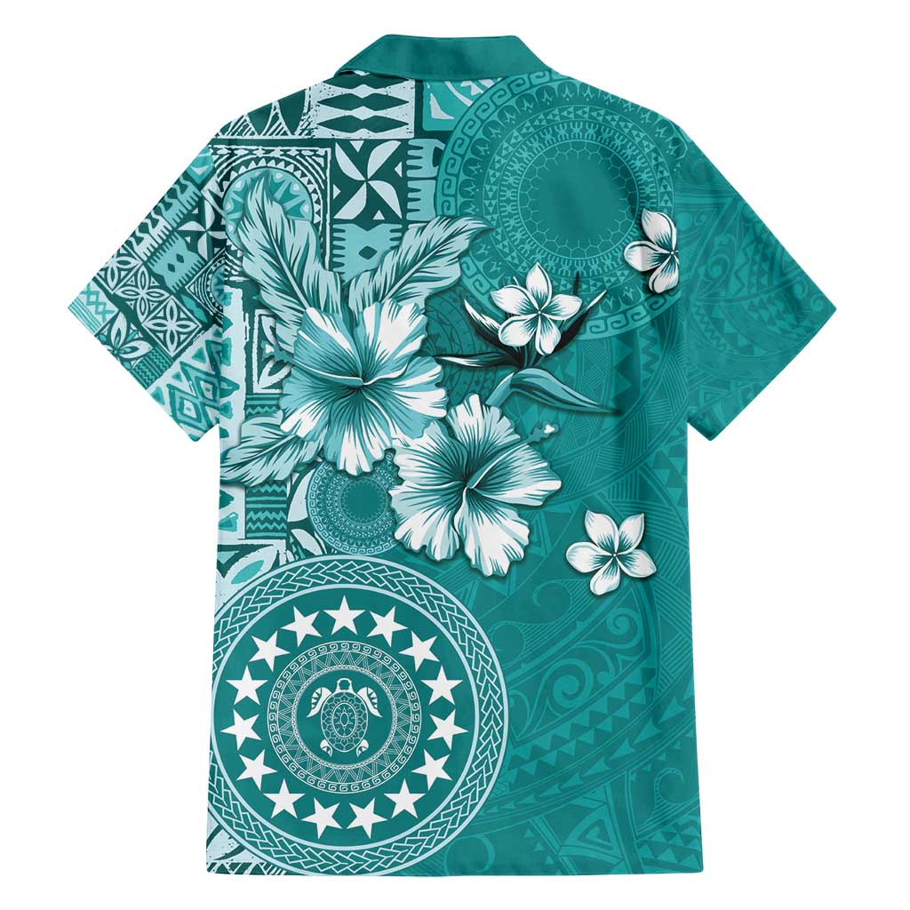 Cook Islands Family Matching Off Shoulder Short Dress and Hawaiian Shirt Teal Hibiscus And Stars LT05 - Polynesian Pride
