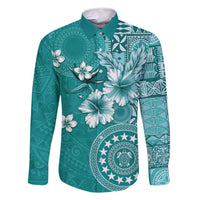 Cook Islands Family Matching Off Shoulder Short Dress and Hawaiian Shirt Teal Hibiscus And Stars LT05 Dad's Shirt - Long Sleeve Teal - Polynesian Pride