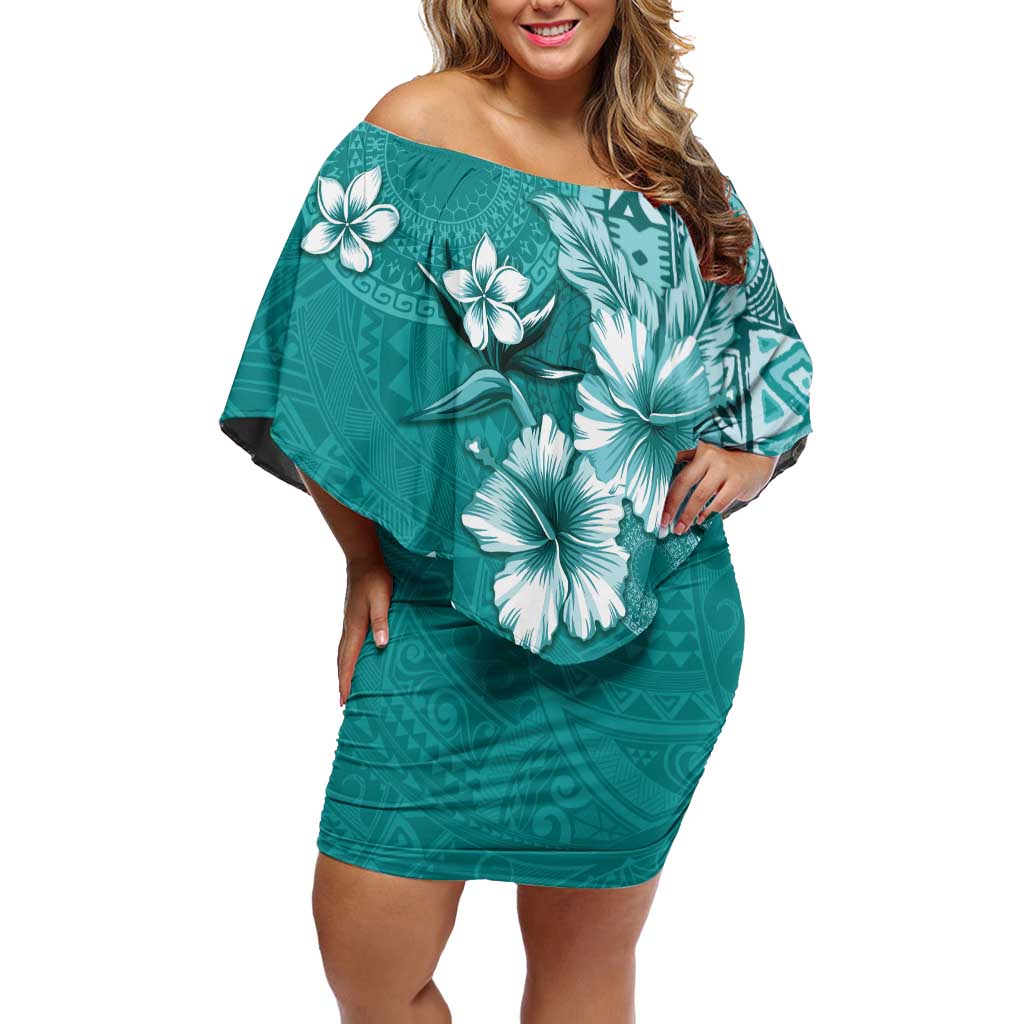 Cook Islands Family Matching Off Shoulder Short Dress and Hawaiian Shirt Teal Hibiscus And Stars LT05 Mom's Dress Teal - Polynesian Pride