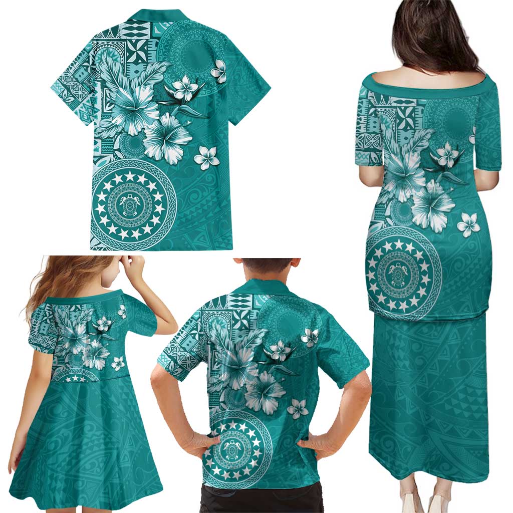 Cook Islands Family Matching Puletasi and Hawaiian Shirt Teal Hibiscus And Stars LT05 - Polynesian Pride