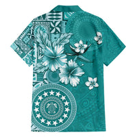 Cook Islands Family Matching Puletasi and Hawaiian Shirt Teal Hibiscus And Stars LT05 - Polynesian Pride
