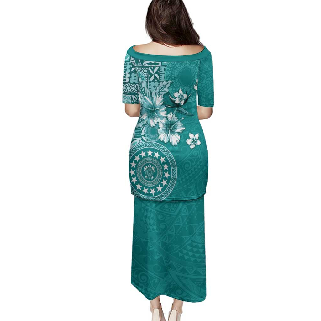 Cook Islands Family Matching Puletasi and Hawaiian Shirt Teal Hibiscus And Stars LT05 - Polynesian Pride