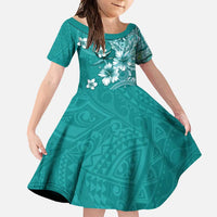 Cook Islands Family Matching Summer Maxi Dress and Hawaiian Shirt Teal Hibiscus And Stars LT05 Daughter's Dress Teal - Polynesian Pride
