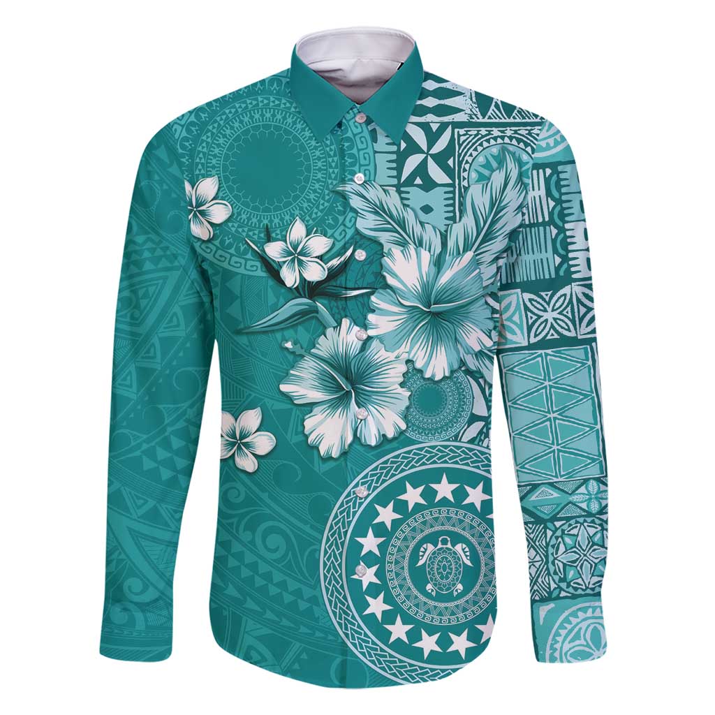 Cook Islands Family Matching Summer Maxi Dress and Hawaiian Shirt Teal Hibiscus And Stars LT05 Dad's Shirt - Long Sleeve Teal - Polynesian Pride